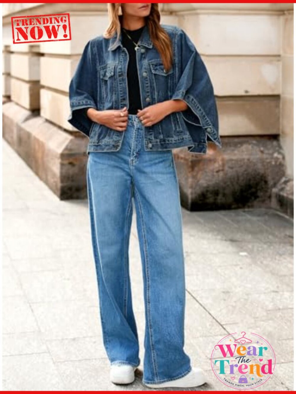 Oversized Cropped Denim Cape Jacket Button Down Half Sleeve Chest Pockets Loose - Picture 3 of 6